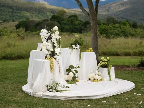A white styled table with florals on the lawn