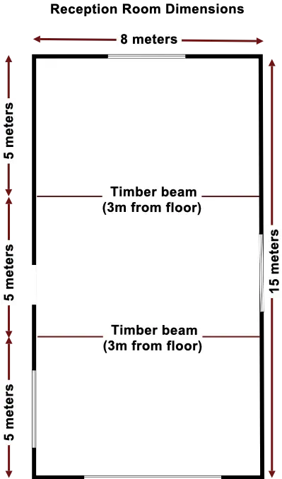 Reception room dimension diagram showing an 8 metre by 15 metre room with two timber beams, each 3 metres from the floor