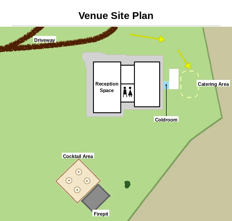 Close-up site plan of the reception space, coldroom, catering area, cocktail area and firepit at Maroon Hill Estate