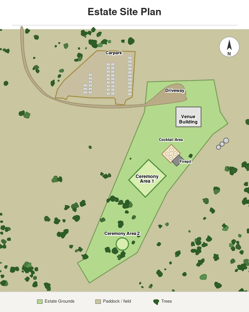 Maroon Hill Estate site plan showing the carpark, driveway, venue building, cocktail area, firepit and both ceremony areas